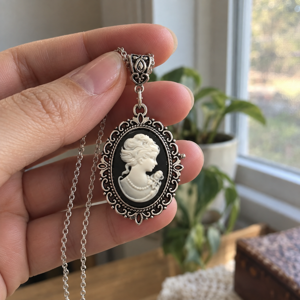 Victorian Lady Cameo Pendant Necklace Antique Silver Dark Academia