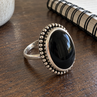 Black Onyx Oval Filigree Ring Silver Gothic Dark Academia Statement