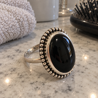 Black Onyx Oval Filigree Ring Silver Gothic Dark Academia Statement