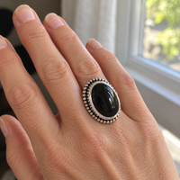 Black Onyx Oval Filigree Ring Silver Gothic Dark Academia Statement