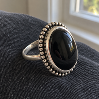 Black Onyx Oval Filigree Ring Silver Gothic Dark Academia Statement