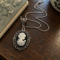 Victorian Lady Cameo Pendant Necklace Antique Silver Dark Academia