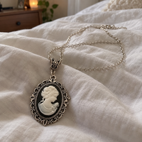 Victorian Lady Cameo Pendant Necklace Antique Silver Dark Academia