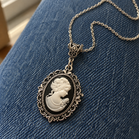 Victorian Lady Cameo Pendant Necklace Antique Silver Dark Academia
