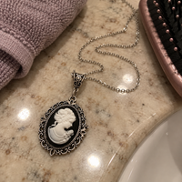 Victorian Lady Cameo Pendant Necklace Antique Silver Dark Academia